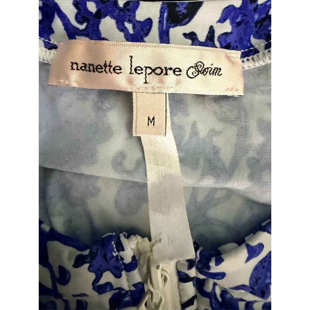 Nanette Lepore Blue Floral Long Sleeve Quarter Zip Rash Guard Swim Top sz M